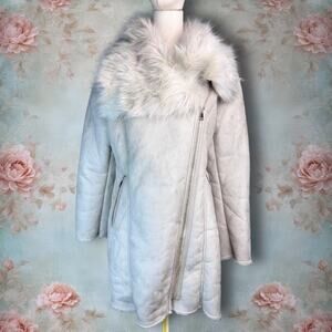 Masseys Cream Faux Suede & Faux Fur Fluffy Collar Asymmetrical Zip Jacket Coat